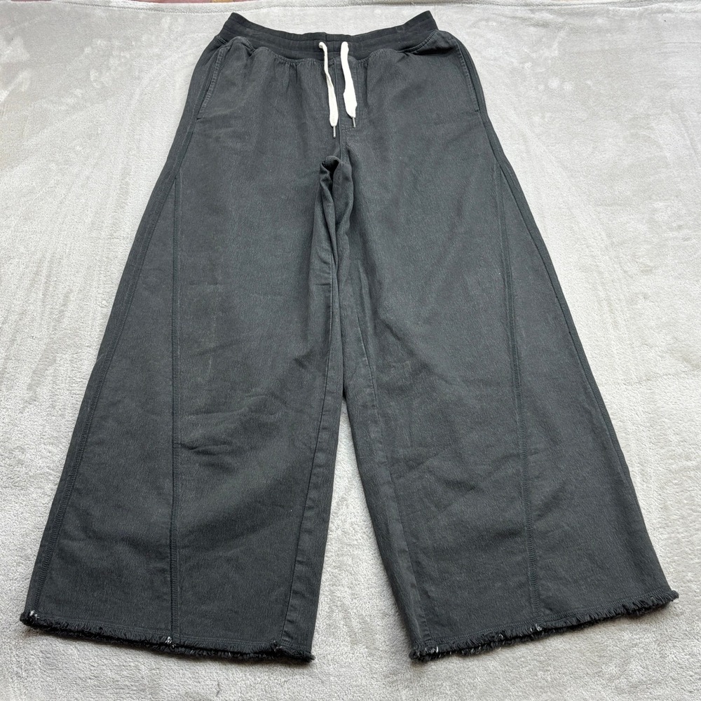 Aerie Wide Leg Pants Womens M Black Raw Hem Drawstring Loungewear Boho Comfort